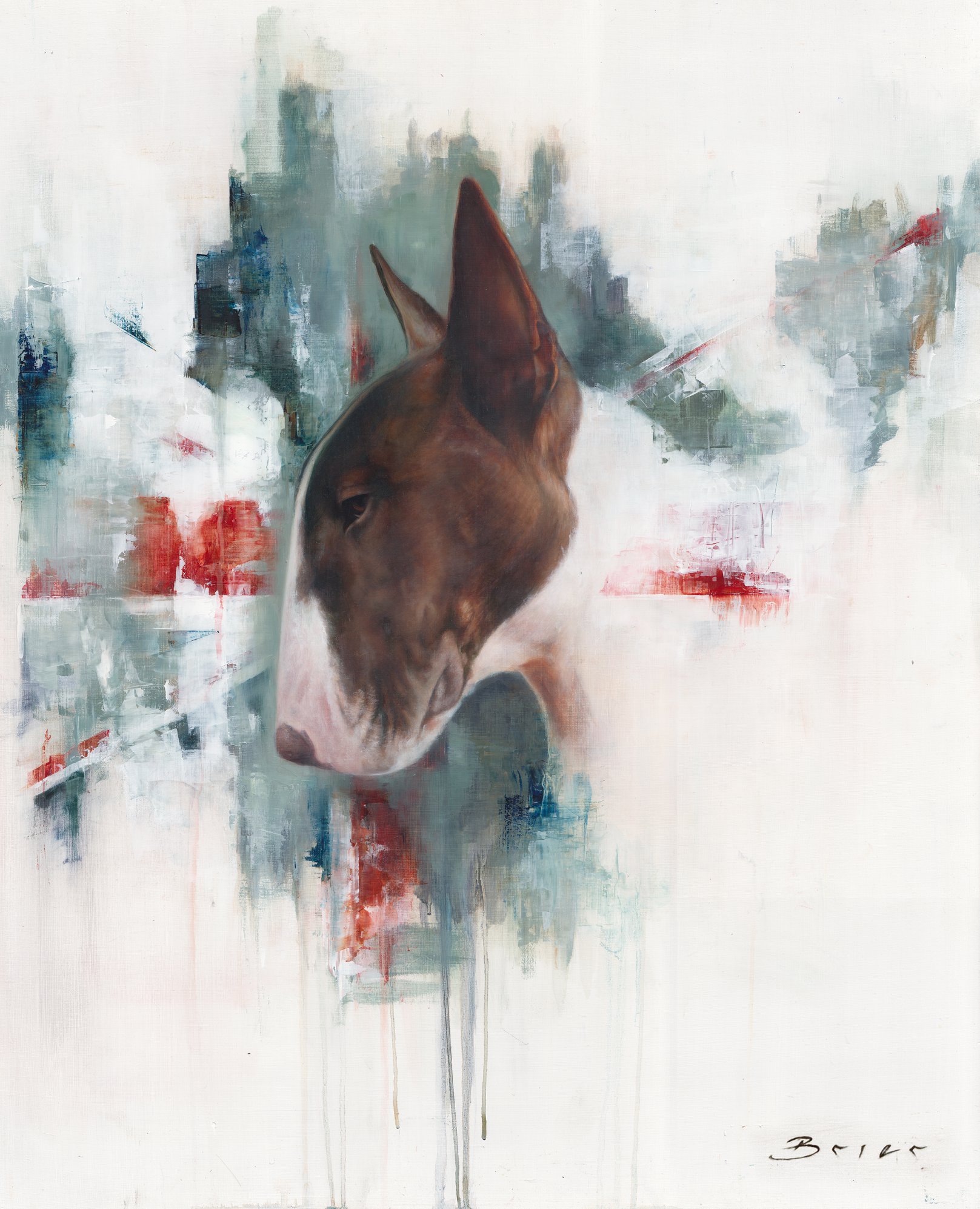 Finished Painting Artwork of Alkyd Oil Painting Demo Of English Bull Terrier Portrait Portrayed In A Realistic Manner With An Abstracted Union Jack Background